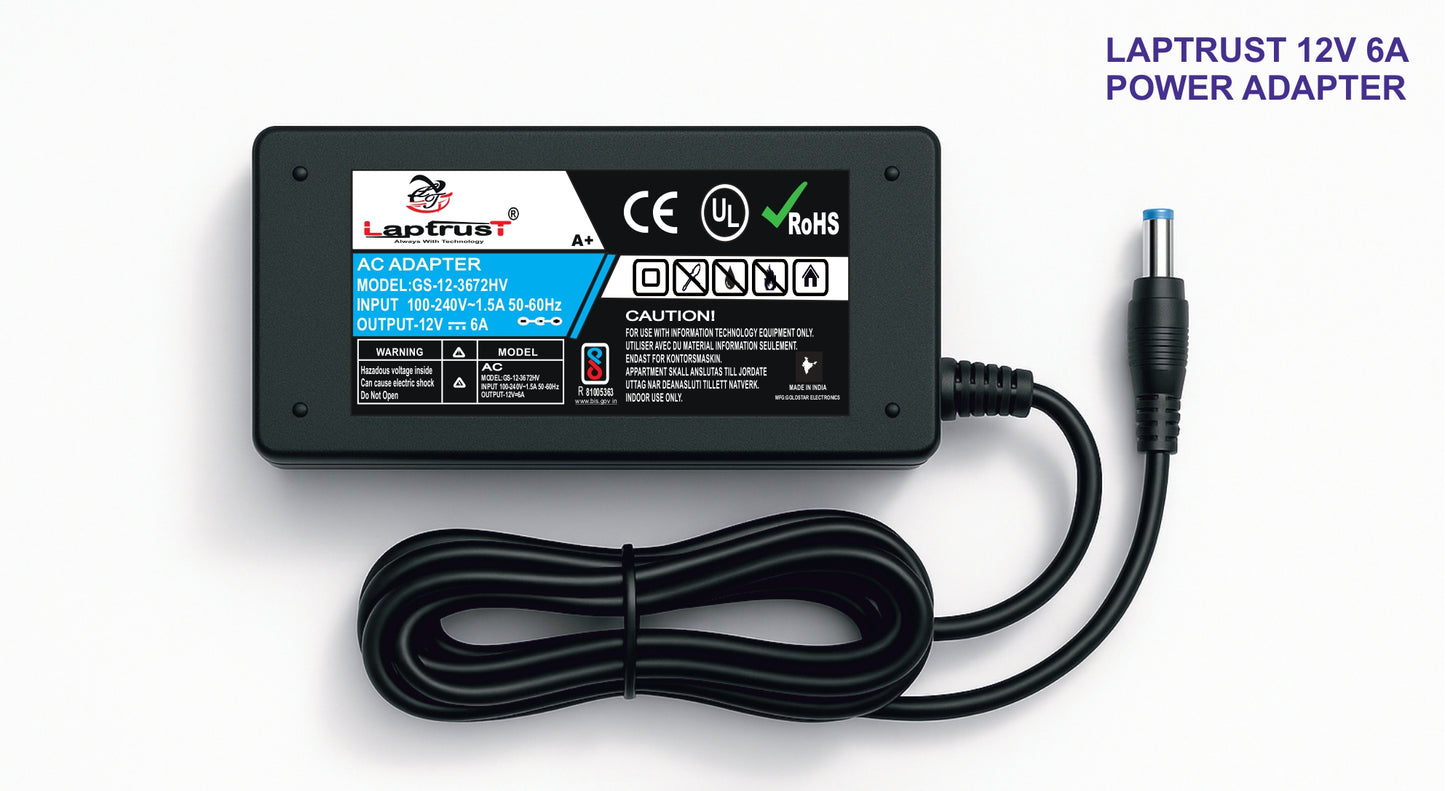 12V 6A Power Adapter | LAPTRUST® | BIS Certified | Made in India